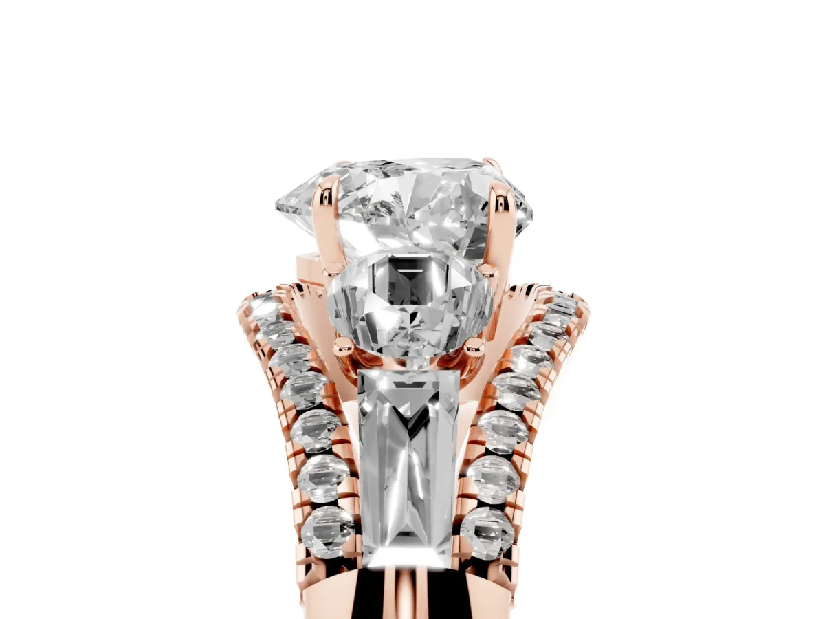Three-Stone Heart Cut Diamond Engagement Ring with Pave Band and Prong Setting Rose gold