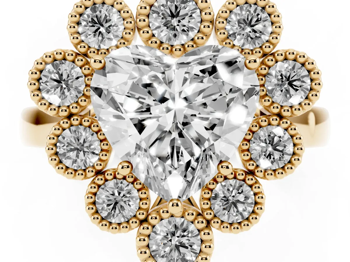 Heart Cut Halo Diamond Cluster Engagement Ring with Milgrain Bezel Setting and Solitaire Band Yellow gold