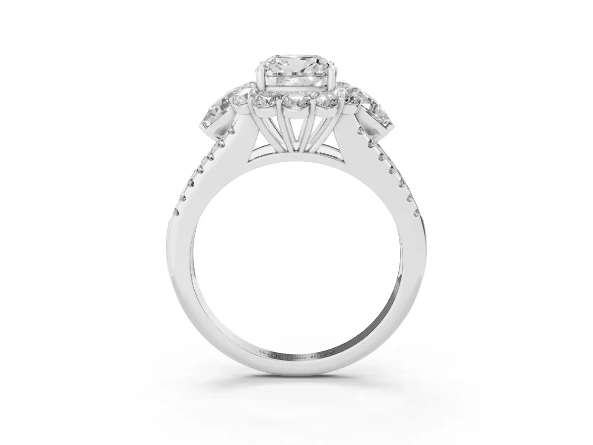 Cushion Cut Halo Split Shank Diamond Engagement Ring with Prong Setting Platinum