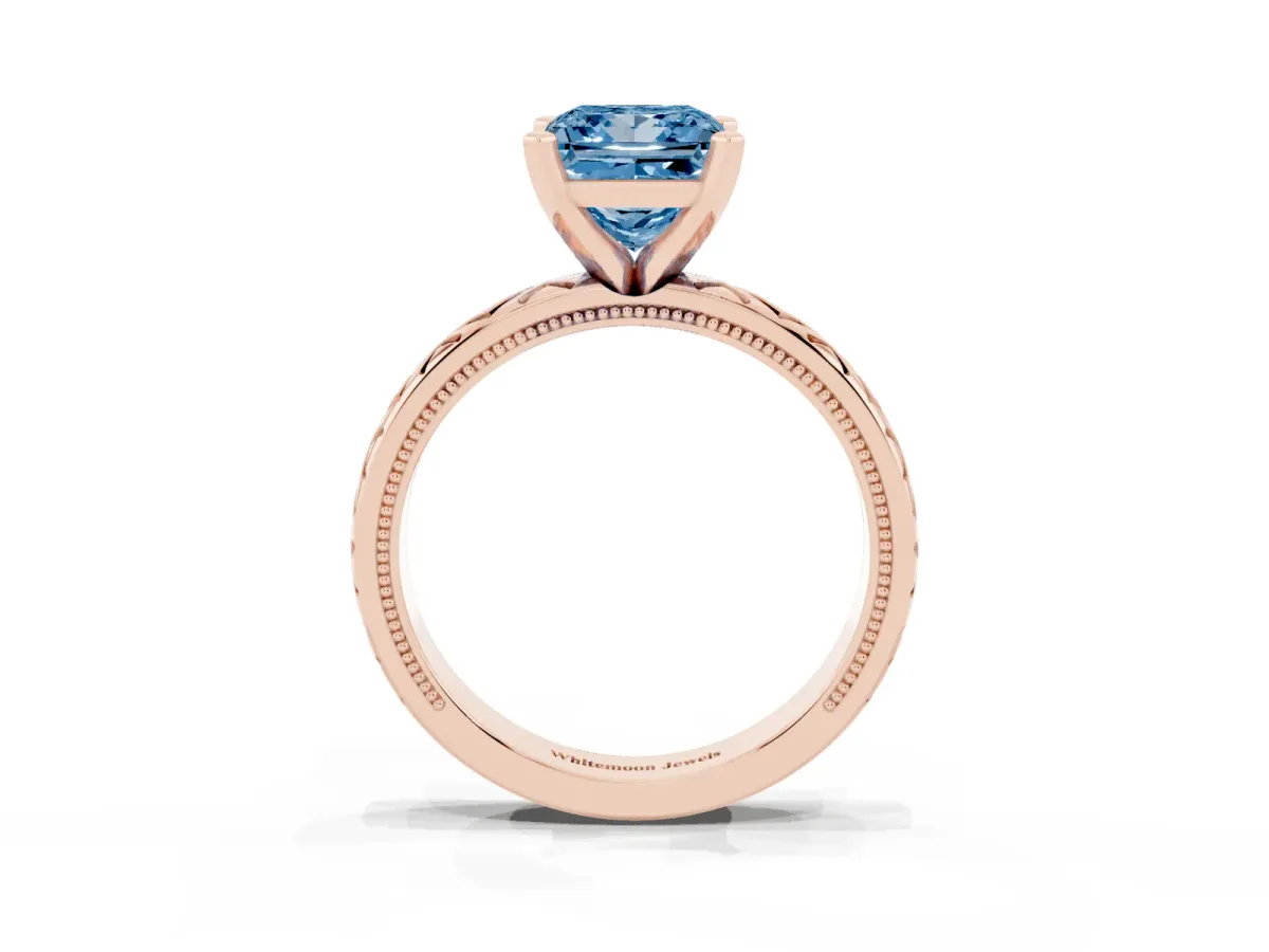 Fancy Blue Princess Cut Solitaire Diamond Ring with Milgrain and Black Enamel X Pattern Band Rose gold