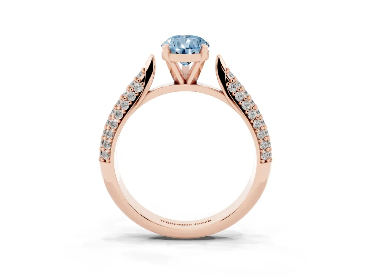 Fancy Blue Pear Cut Diamond Solitaire Engagement Ring with Multi-Row Round Pavé Band and Prong Setting Rose gold