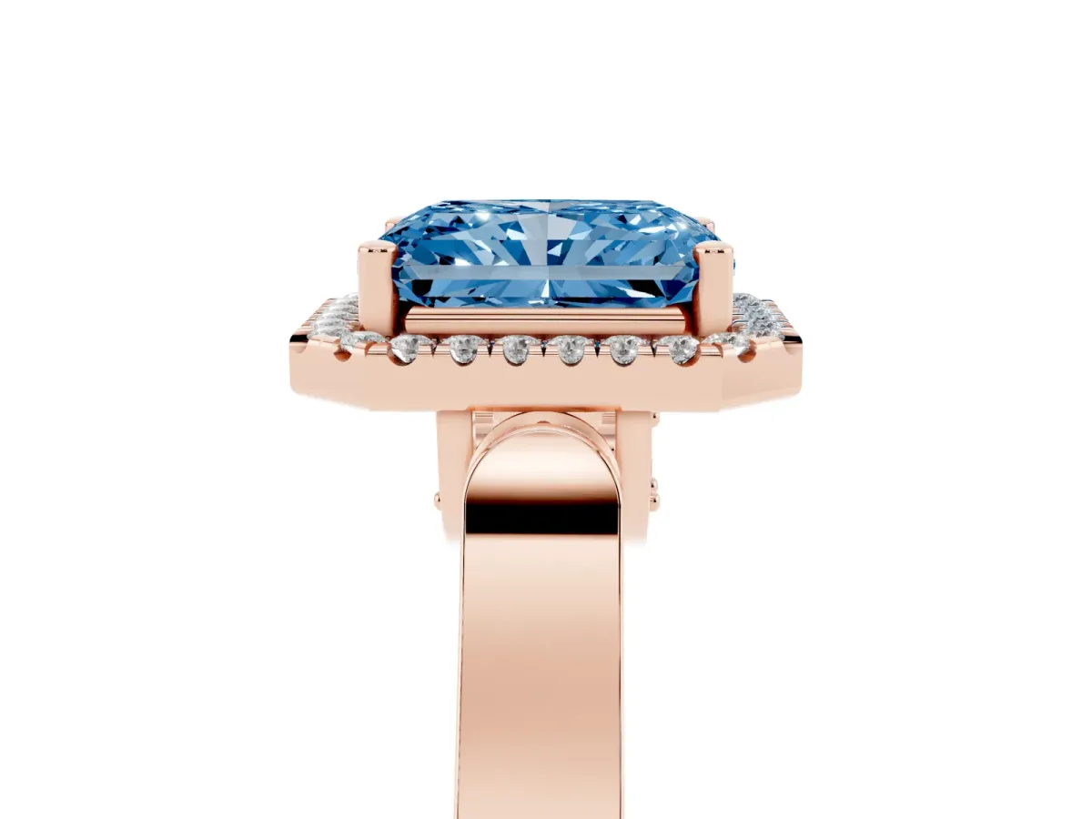 Fancy Blue Radiant Cut Halo Round Diamond Twist Band with Four-Prong Setting Rose gold
