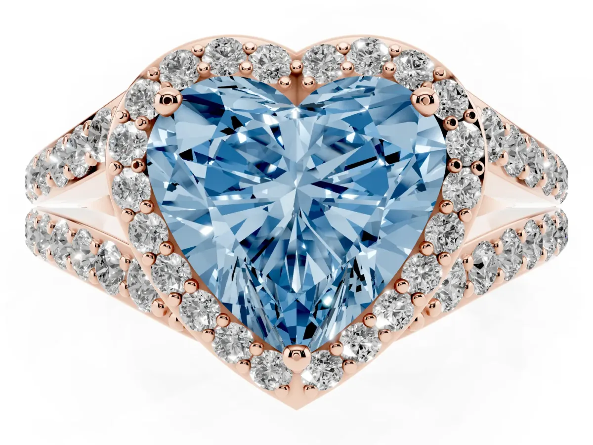 Fancy Blue Heart Cut Diamond Split Shank Halo Ring with Four-Prong Setting Rose gold