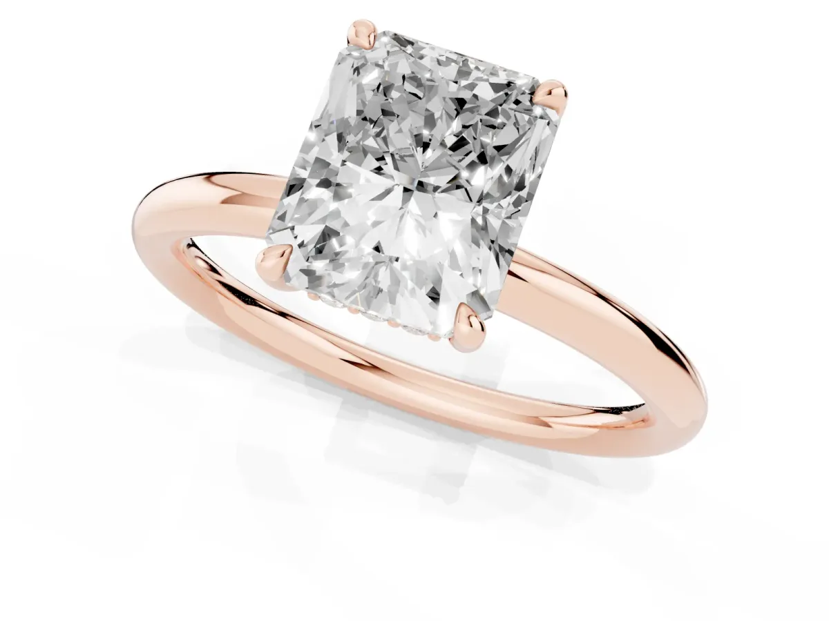 Radiant Cut Diamond Solitaire Ring with Thin Band and Four-Prong Setting Rose gold