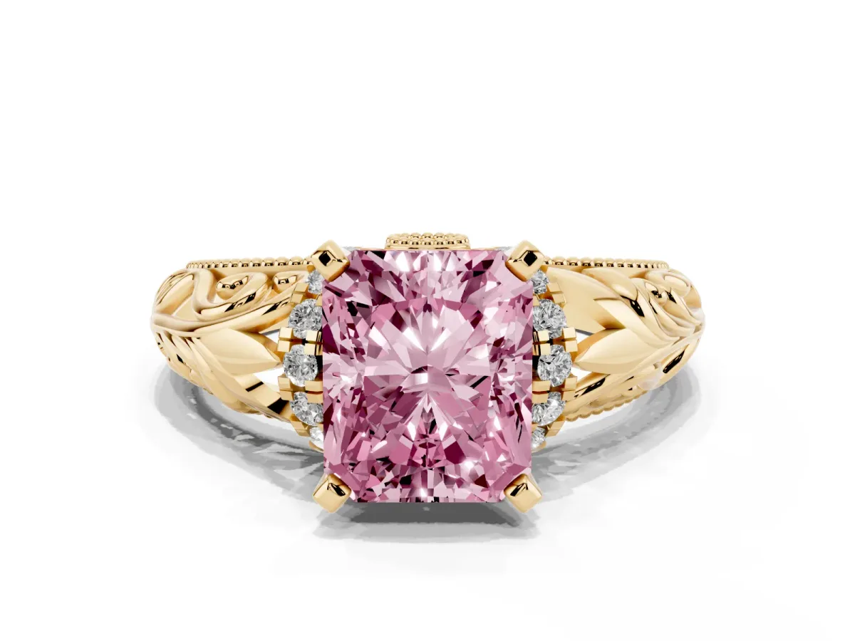 Fancy Pink Radiant Cut Solitaire Filigree Engagement Ring with Halo and Prong Setting Yellow gold