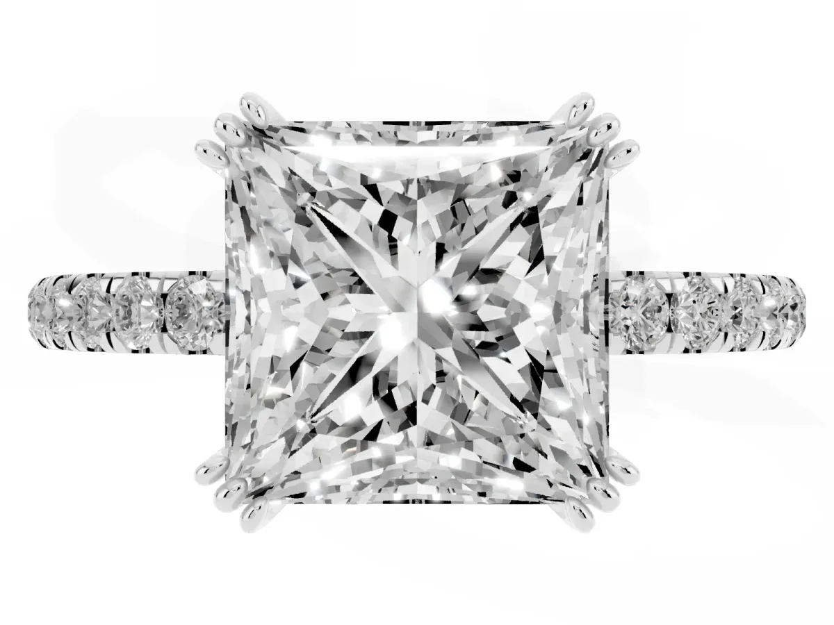 Princess Cut Brilliant Solitaire with Pavé Band and Claw Prong Setting Silver