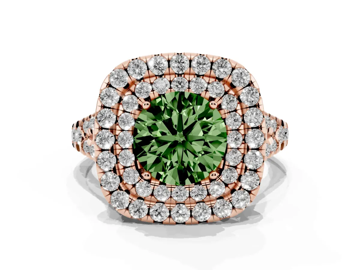 Fancy Green Double Halo Round Cut Diamond Pavé Split Shank Ring with Prong Setting Rose gold