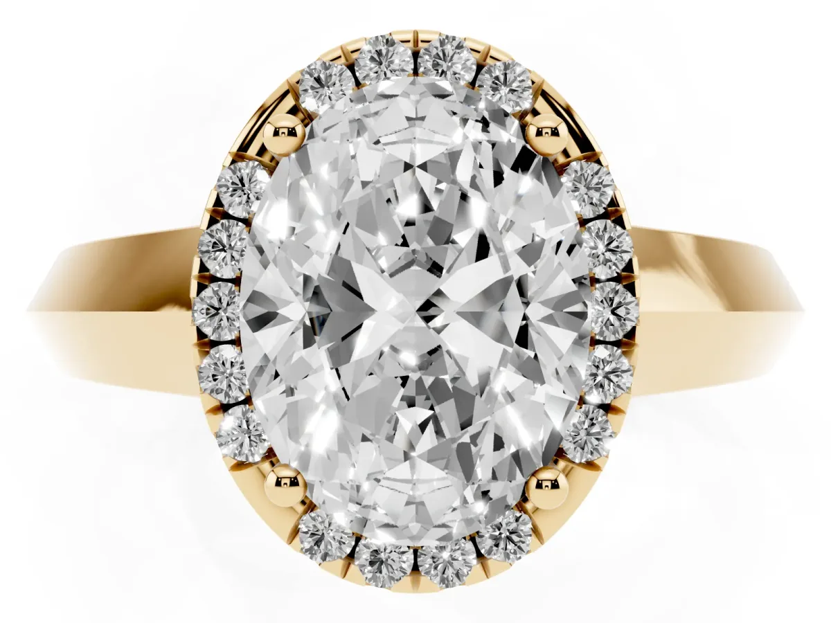 Oval Cut Halo Diamond Ring with Cathedral Band and Four-Prong Setting Yellow gold