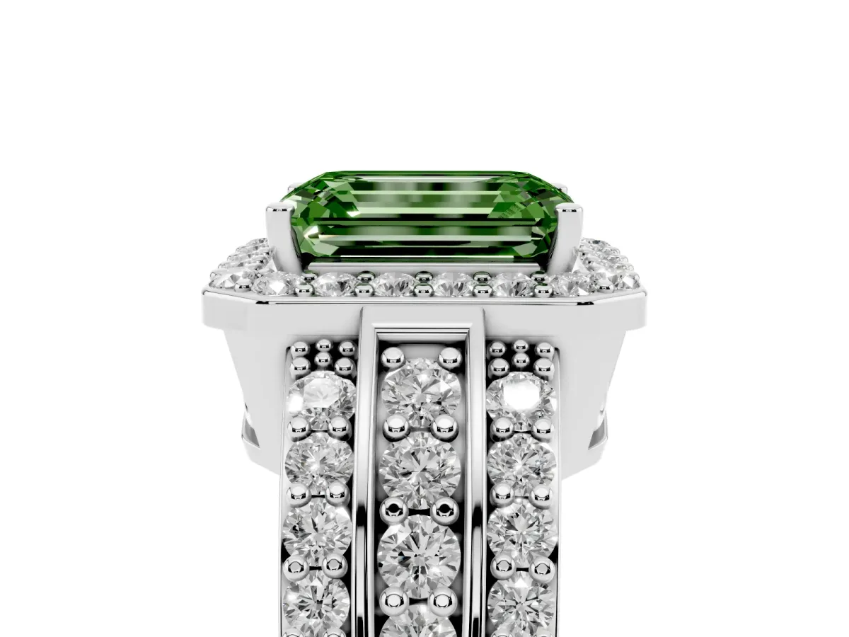 Fancy Green Emerald Cut Halo Diamond Ring with Round Split Shank and Prong Setting Silver