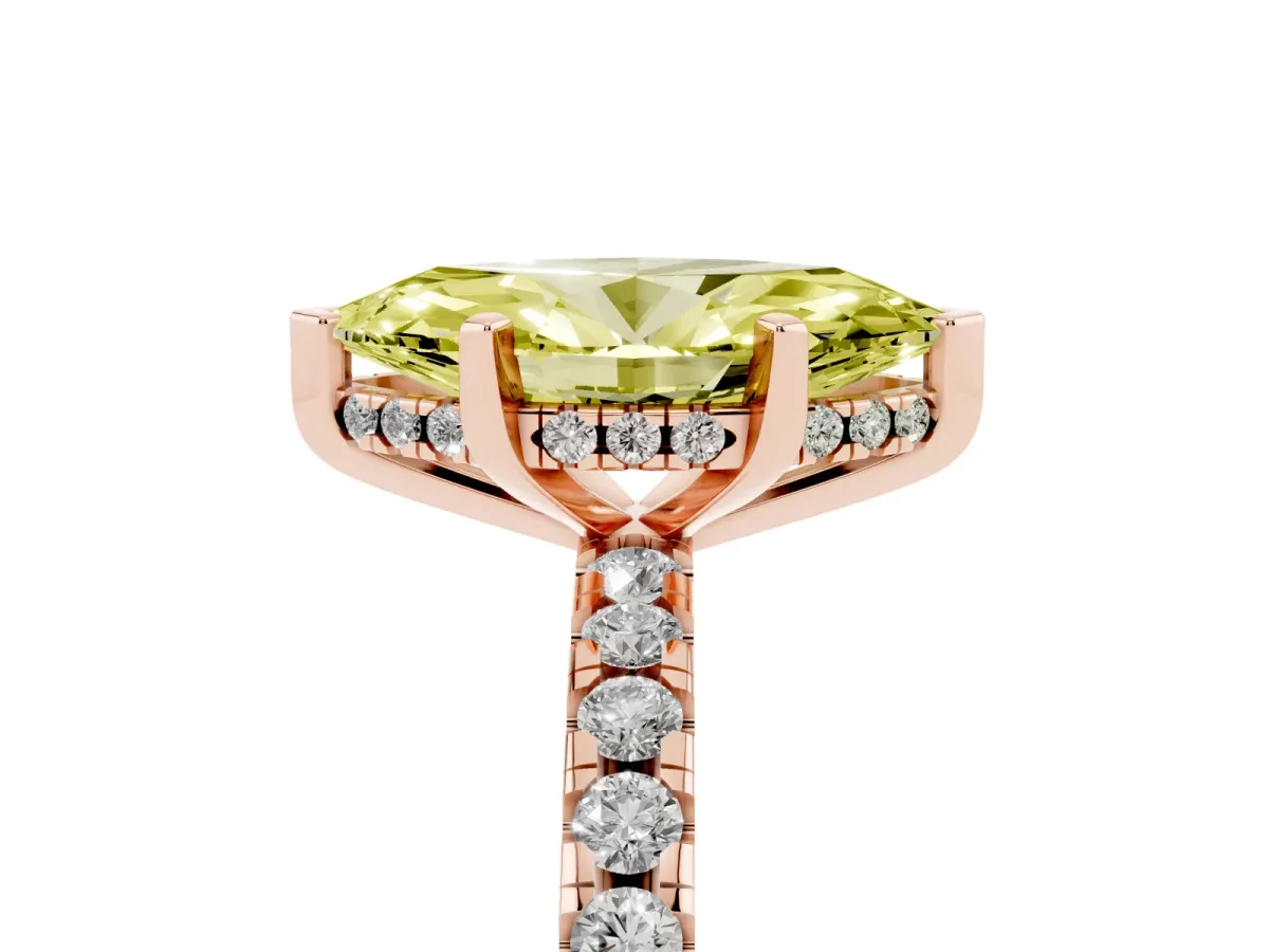 Fancy Yellow Marquise Cut Diamond Solitaire Ring with Round Pavé Band and Four-Prong Setting Rose gold