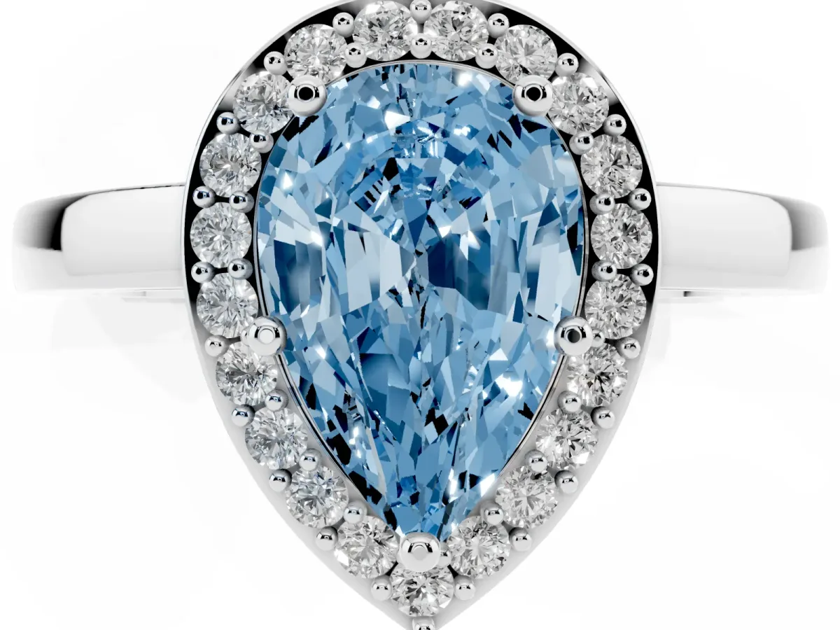 Fancy Blue Pear Cut Halo Diamond Ring with Solitaire Band and Prong Setting Platinum