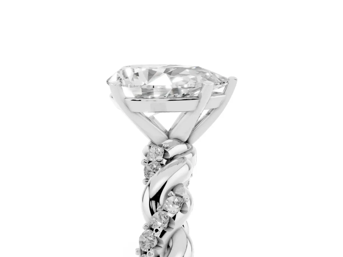 Pear Cut Diamond Solitaire Ring with Twisted Band and Pavé Accents Silver