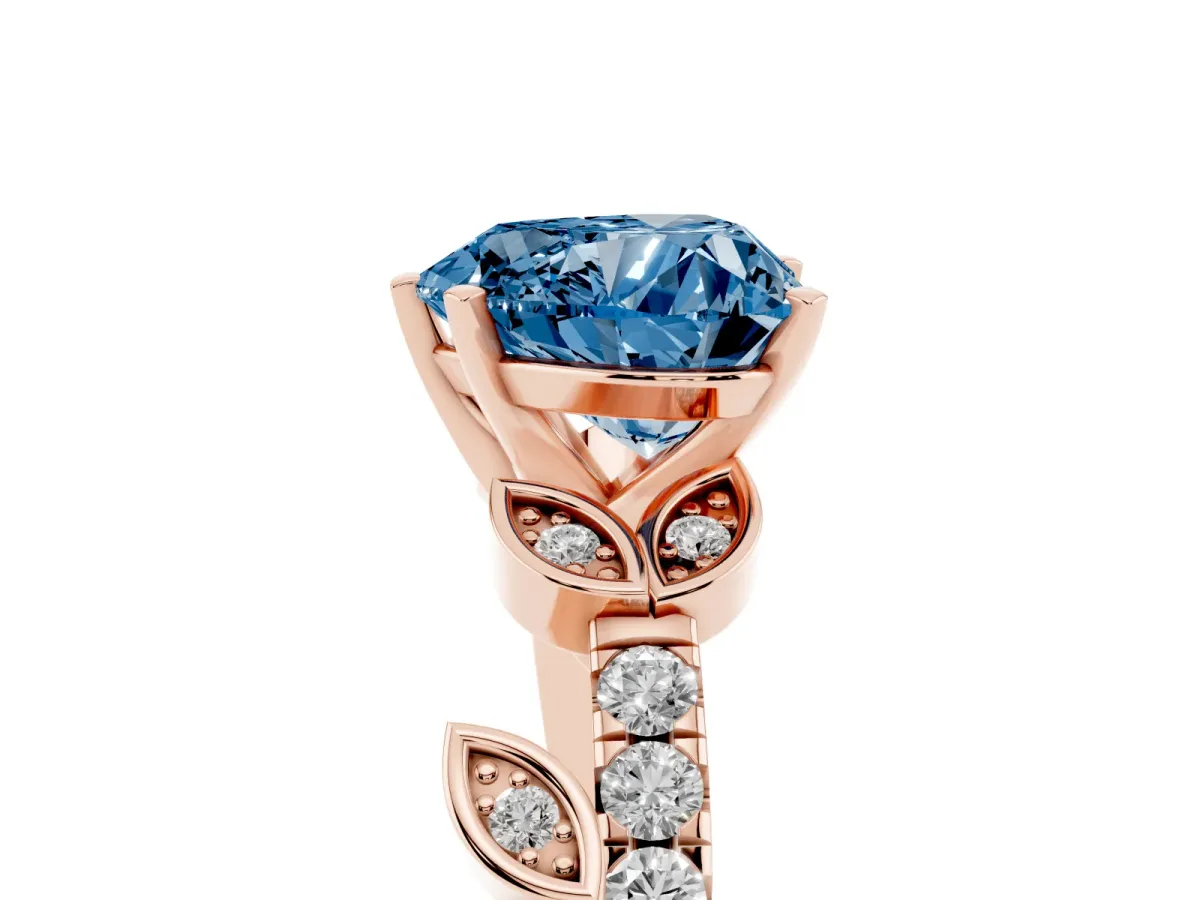 Fancy Blue Heart Cut Solitaire Leaf-Inspired Diamond Ring with Pavé Band and Four-Prong Setting Rose gold