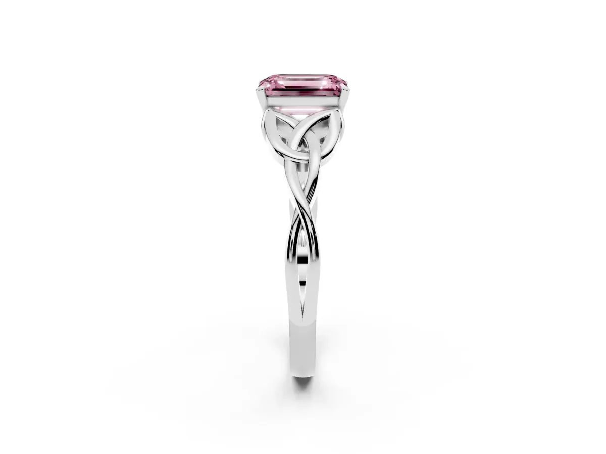 Fancy Pink Emerald Cut Diamond Solitaire Engagement Ring with Celtic Knot Band and Four-Prong Setting Platinum