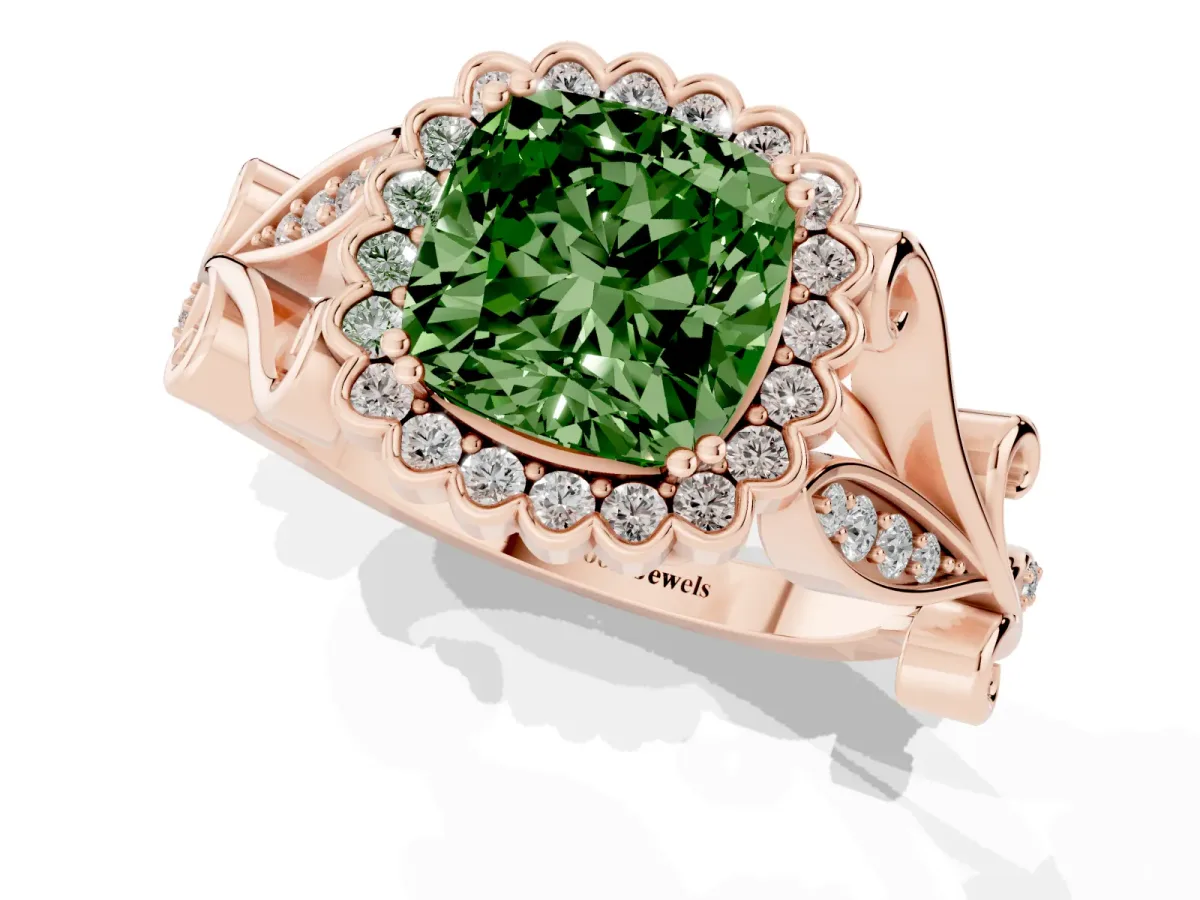 Fancy Green Cushion Cut Diamond Halo Ring with Vintage Split Shank and Four-Prong Setting Rose gold