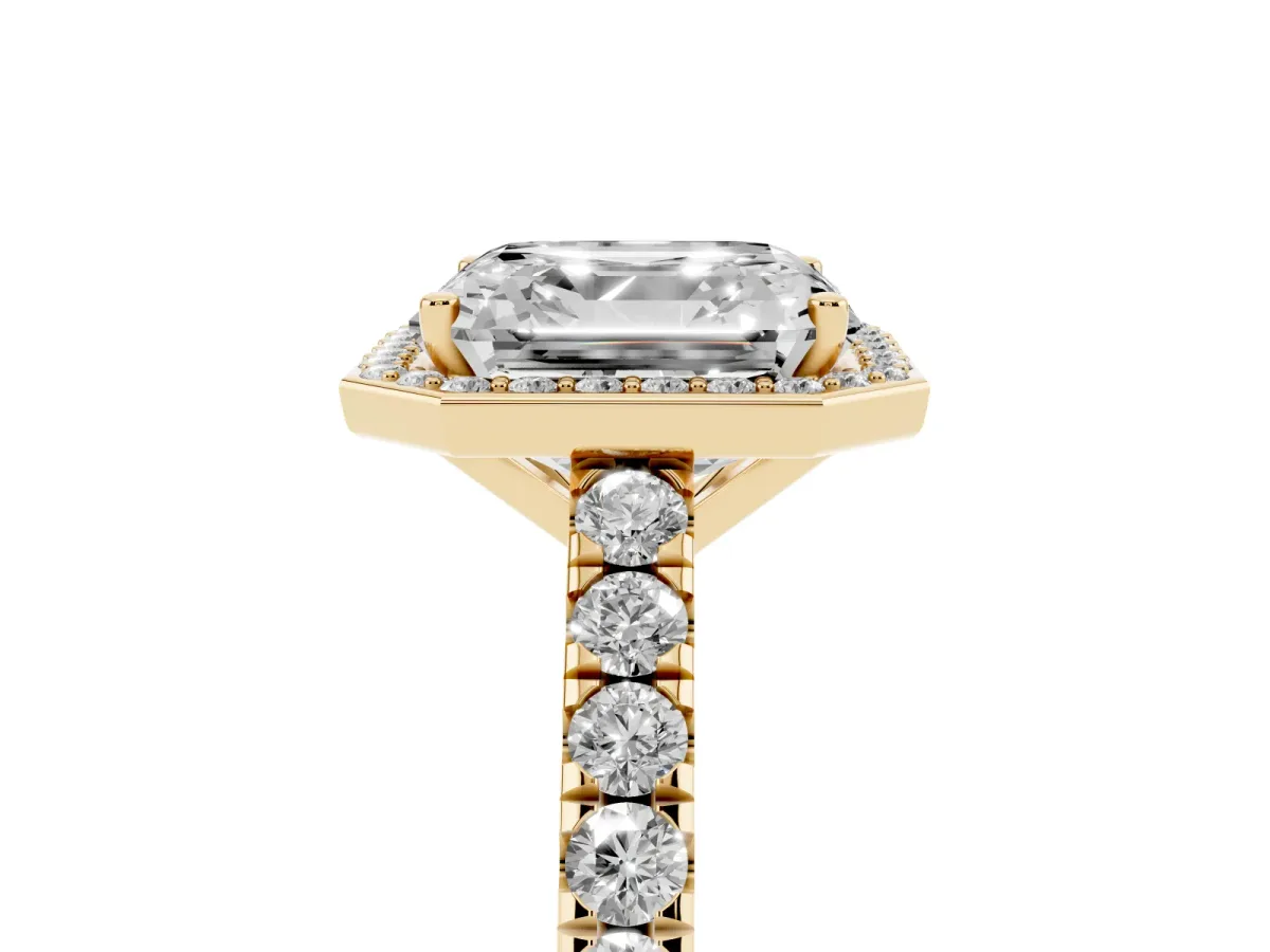 Asscher Cut Cut Halo Diamond Engagement Ring with Pave Band and Four-Prong Setting Yellow gold