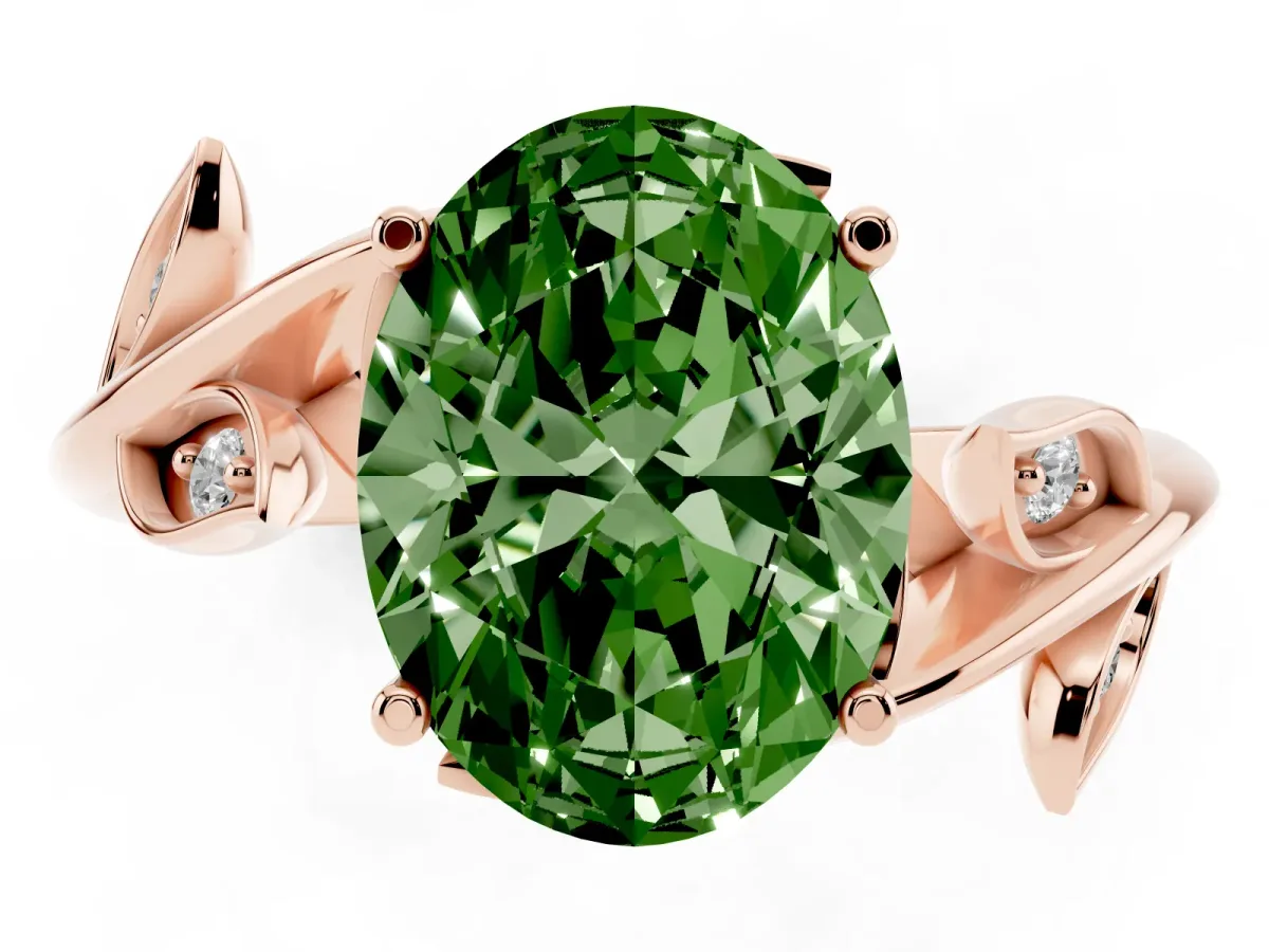 Fancy Green Oval Cut Solitaire Twist Engagement Ring with Leaf Accents and Prong Setting Rose gold