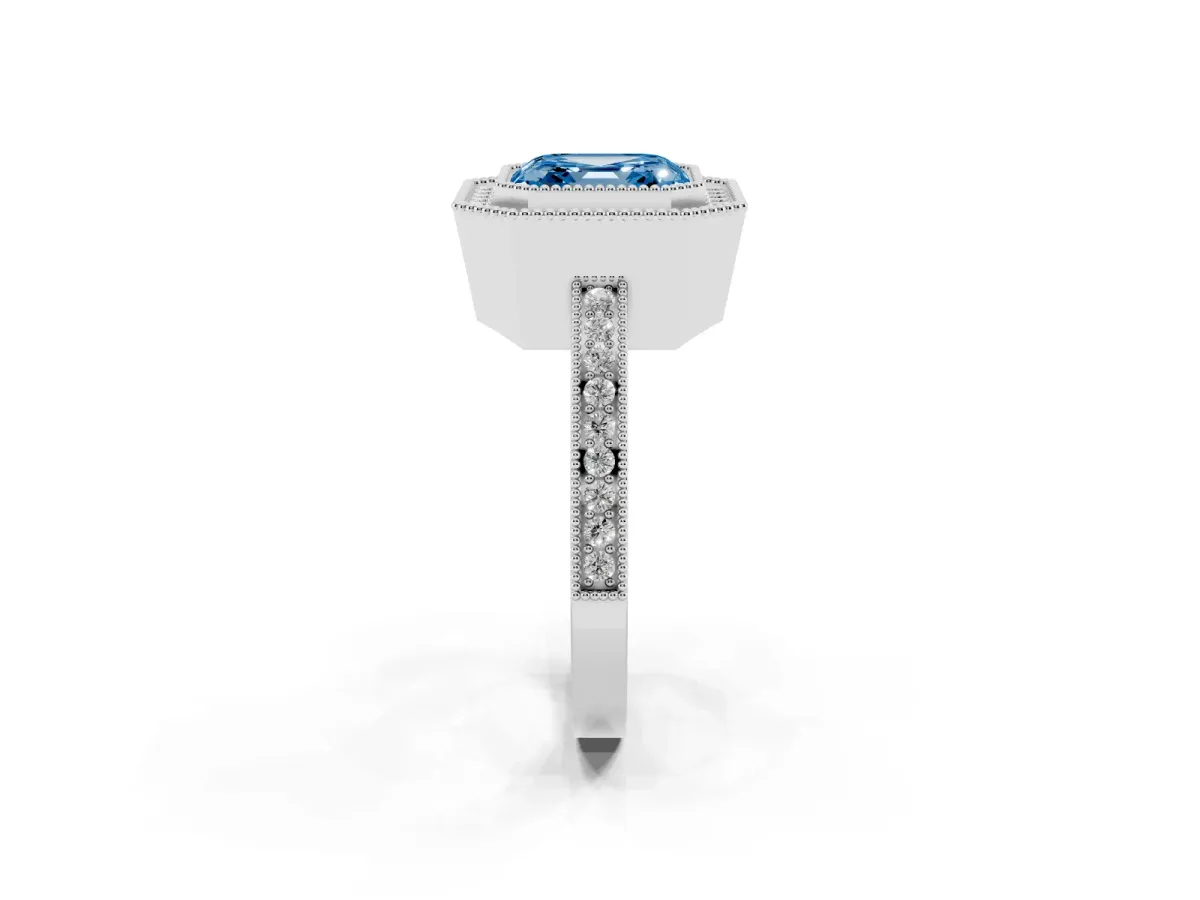 Fancy Blue Asscher Cut Cut Halo Diamond Ring with Pavé Band and Milgrain Prong Setting Silver
