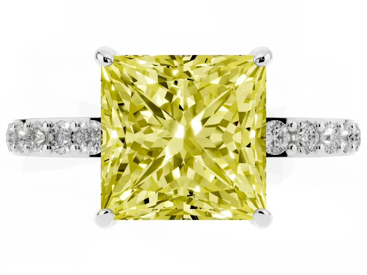 Fancy Yellow Princess Cut Diamond Pavé Engagement Ring with Round Accents and Prong Setting Silver