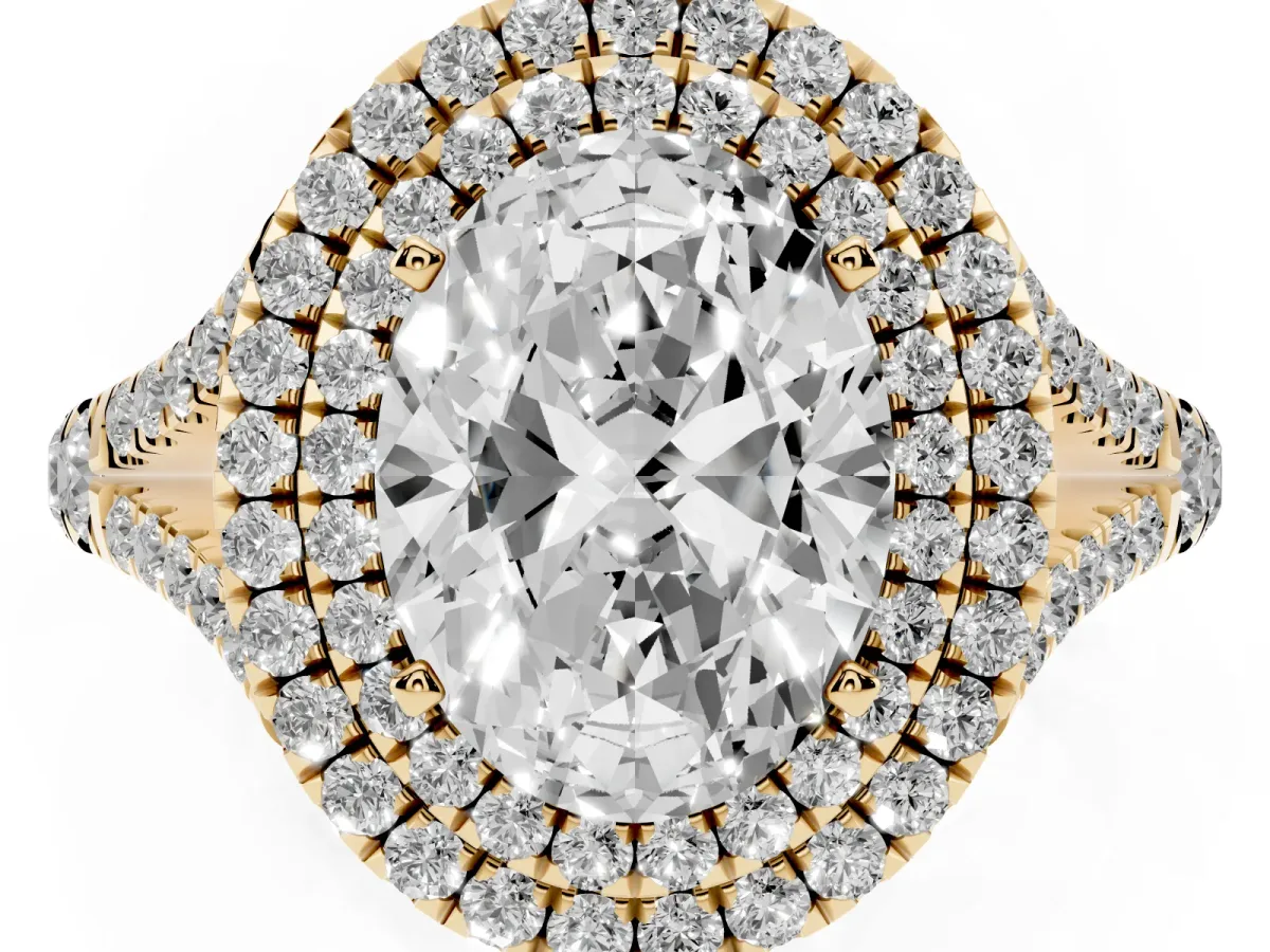 Oval Cut Diamond Pavé Split Shank Double Halo Engagement Ring Yellow gold