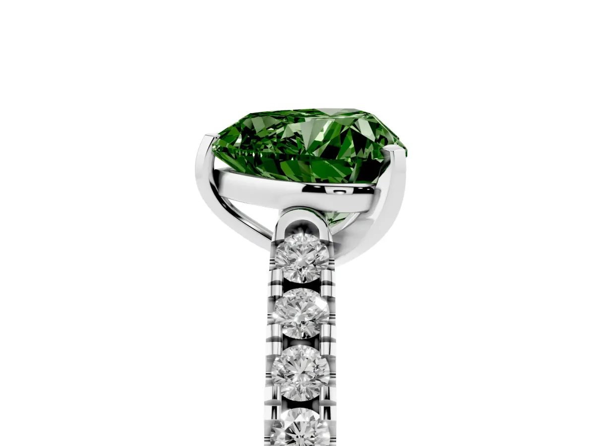 Fancy Green Heart Cut Diamond Pavé Band Solitaire Ring with Prong Setting Silver