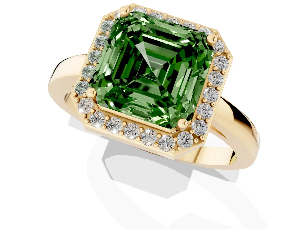 Fancy Green Asscher Cut Halo Diamond Ring with Solitaire Band and Prong Setting Yellow gold