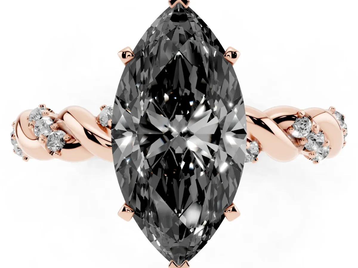 Fancy Black Marquise Cut Diamond Solitaire Ring with Twisted Band and Pavé Accents Rose gold
