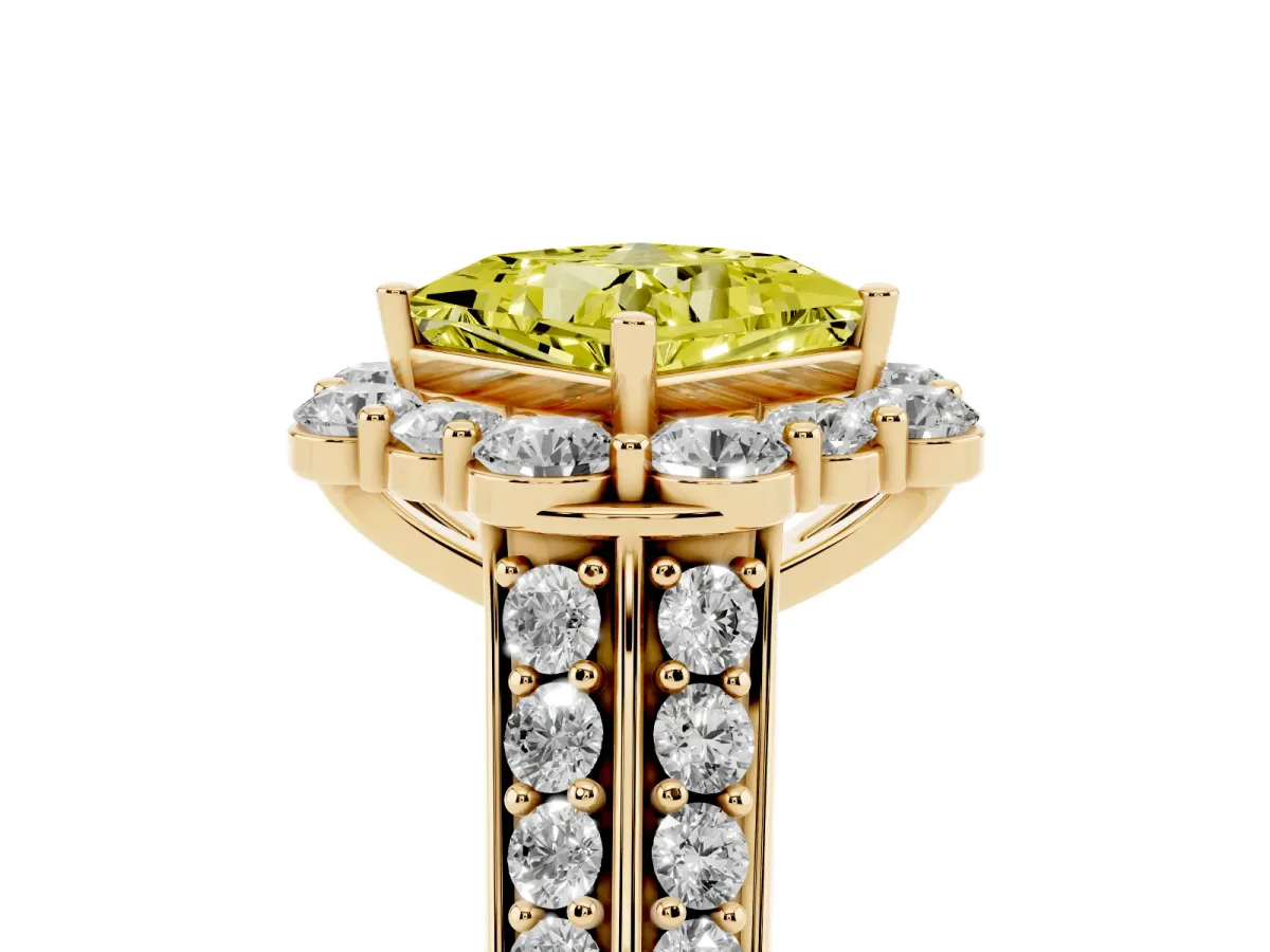 Fancy Yellow Princess Cut Halo Diamond Engagement Ring with Split Shank and Prong Setting Yellow gold