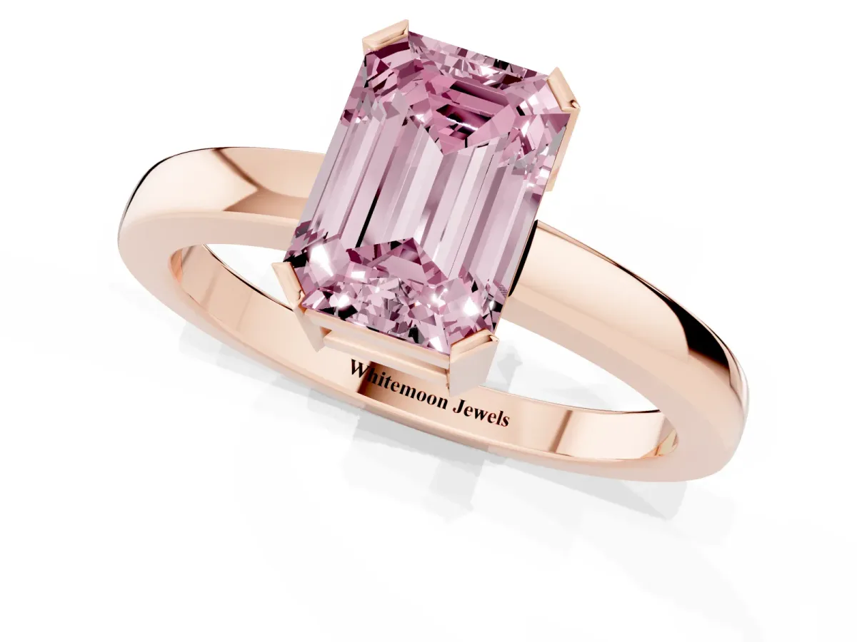 Fancy Pink Emerald Cut Cut Solitaire Ring with Four-Prong Setting and Classic Band Rose gold