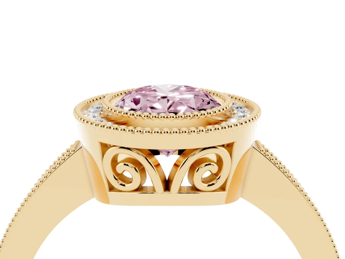 Fancy Pink Oval Cut Cut Halo Diamond Ring with Pavé Band and Milgrain Prong Setting Yellow gold