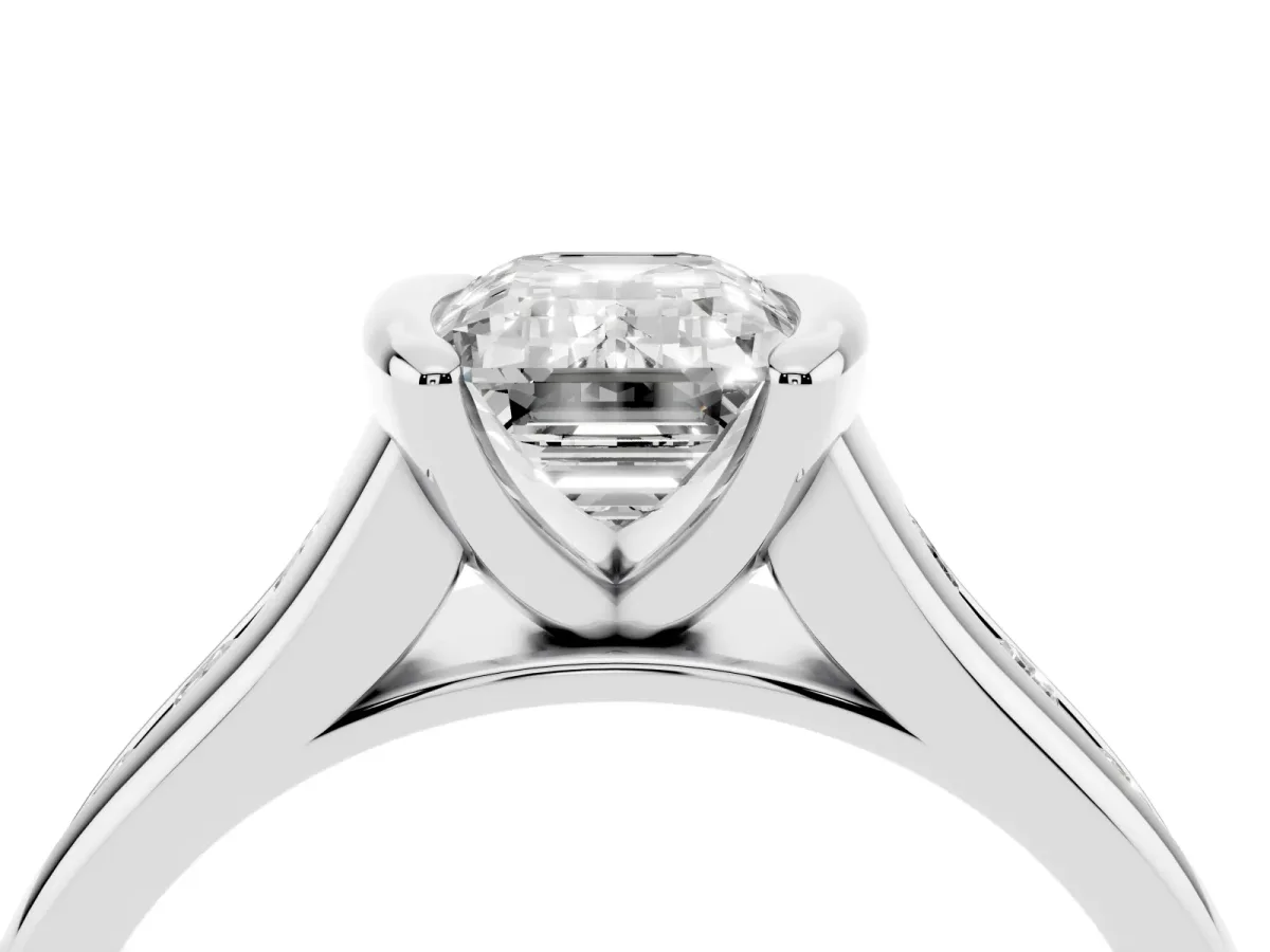 Emerald Cut Solitaire Bezel-Set Diamond Ring with Channel-Set Band Platinum