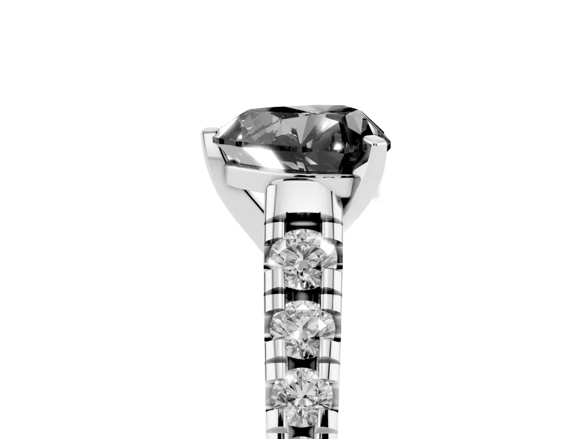 Fancy Black Heart Cut Diamond Cathedral Solitaire Ring with Round Pavé Band Silver