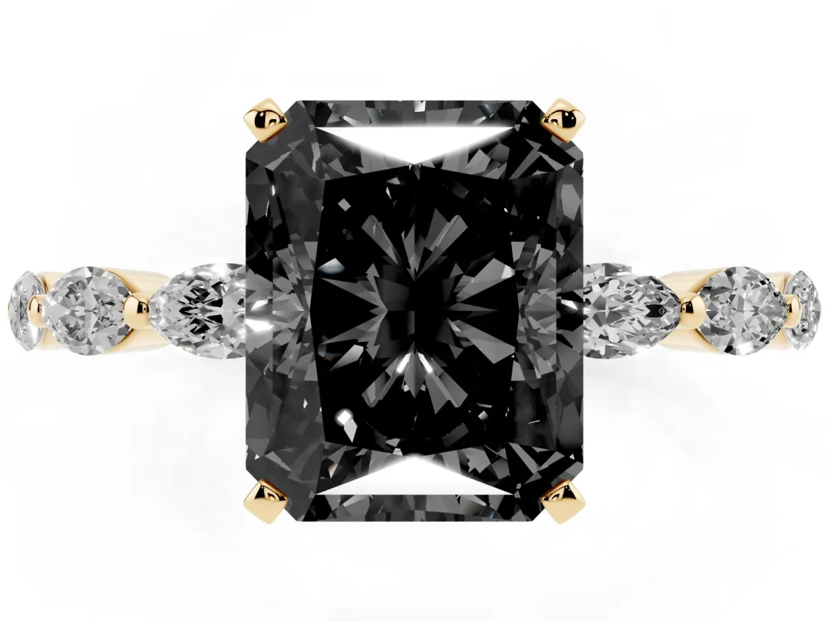 Fancy Black Radiant Cut Diamond Ring with Marquise Side Stones and Prong Setting Yellow gold
