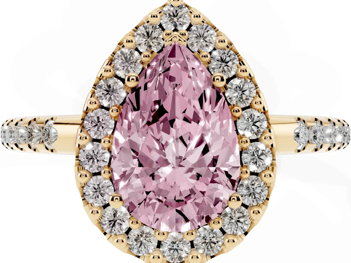 Fancy Pink Pear Cut Diamond Pavé Halo Ring with Four-Prong Setting Yellow gold