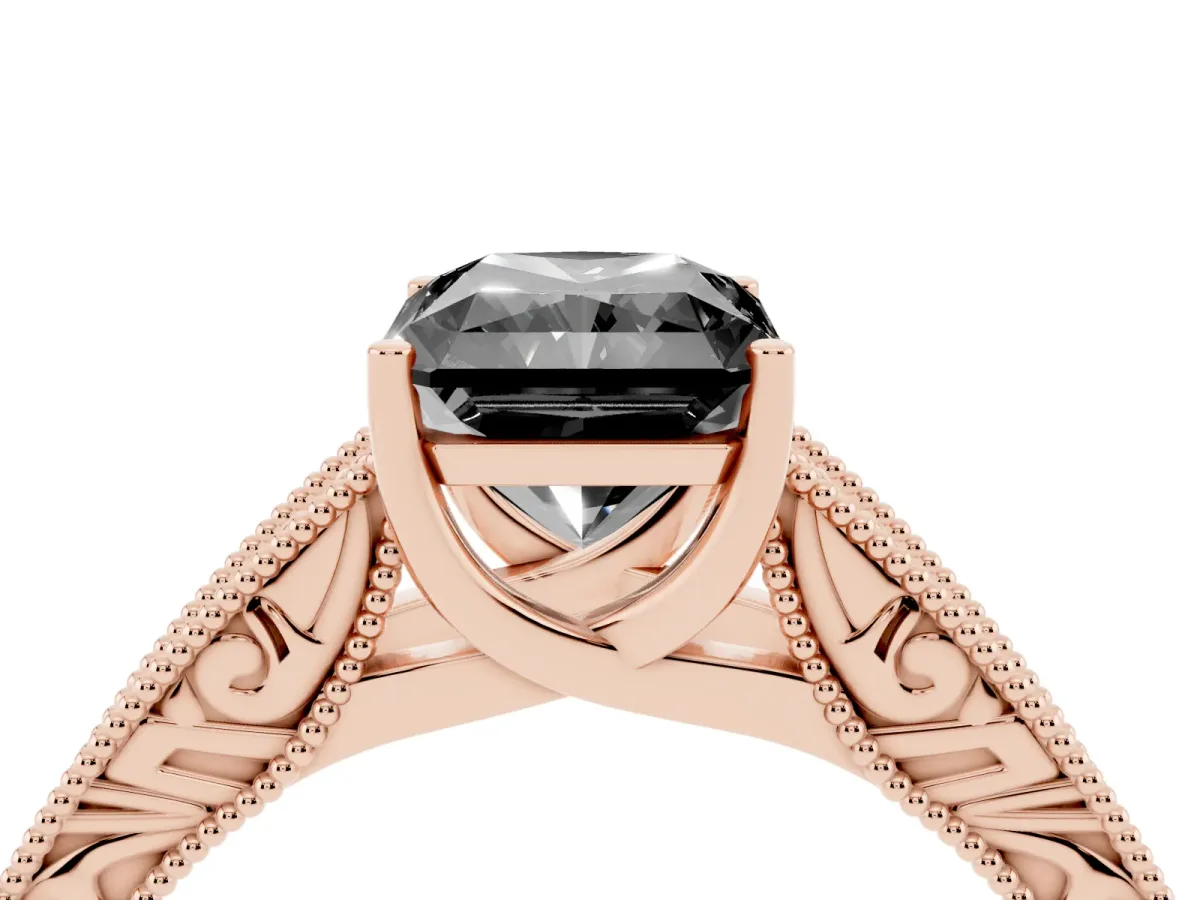 Fancy Black Radiant Cut Diamond Solitaire Ring with Engraved Band and Four-Prong Setting Rose gold
