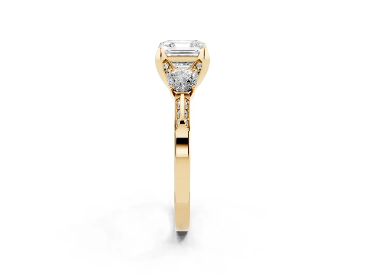 Asscher Cut Brilliant Three-Stone Diamond Ring with Pavé Band and Four-Prong Setting Yellow gold