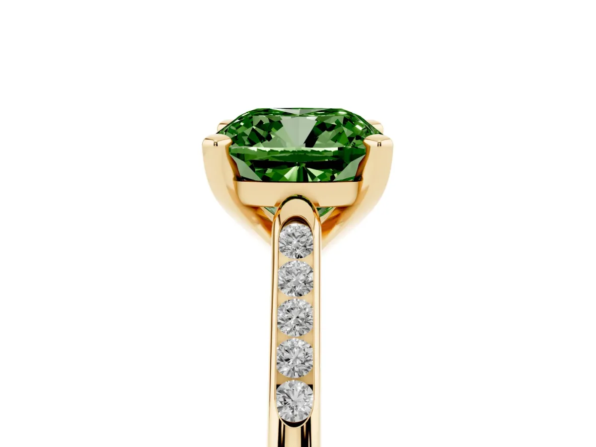 Fancy Green Cushion Cut Diamond Solitaire Ring with Channel Set Round Band and Prong Setting Yellow gold