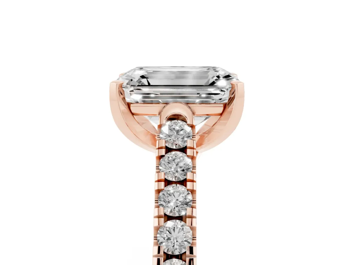 Emerald Cut Diamond Pavé Band Solitaire Ring with Prong Setting Rose gold