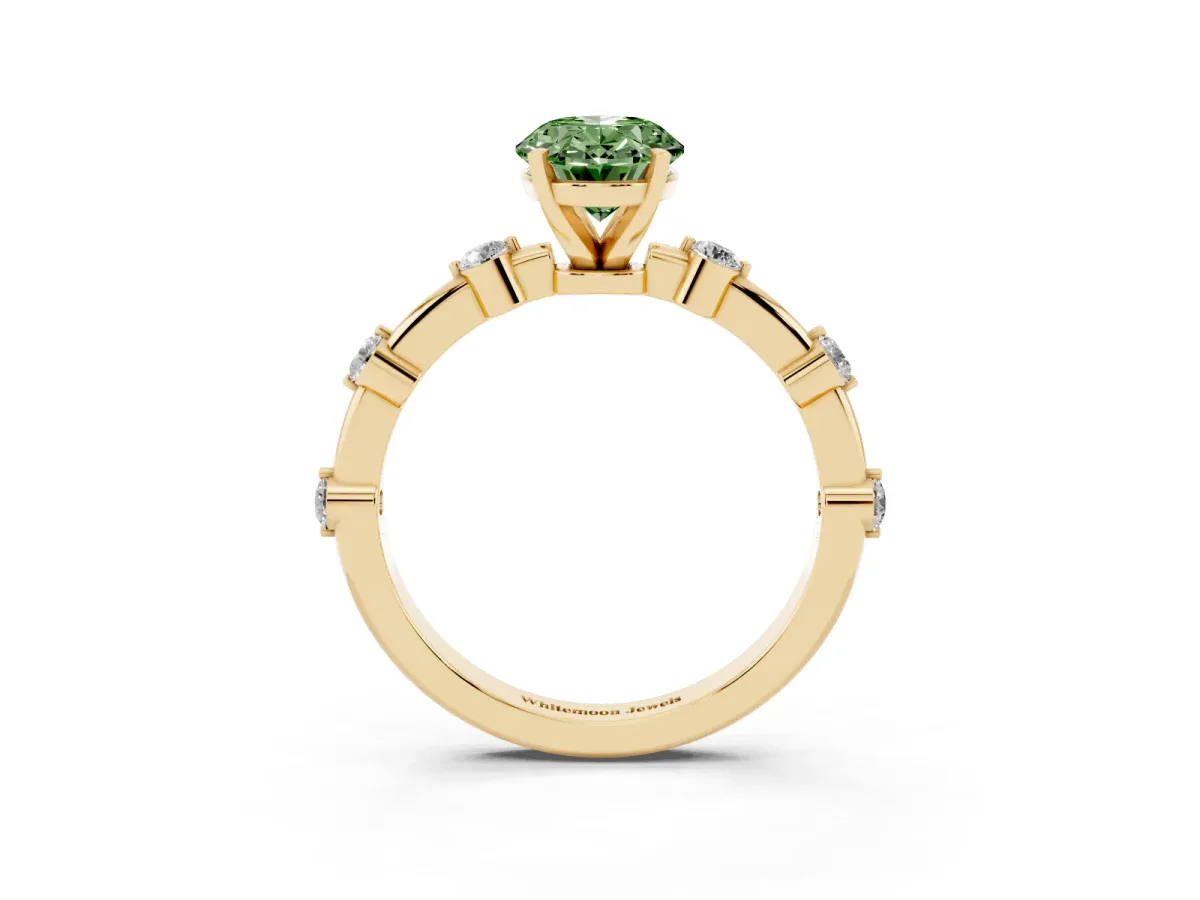 Fancy Green Oval Cut Solitaire Diamond Ring with Bezel Set Side Stones and Prong Setting Yellow gold