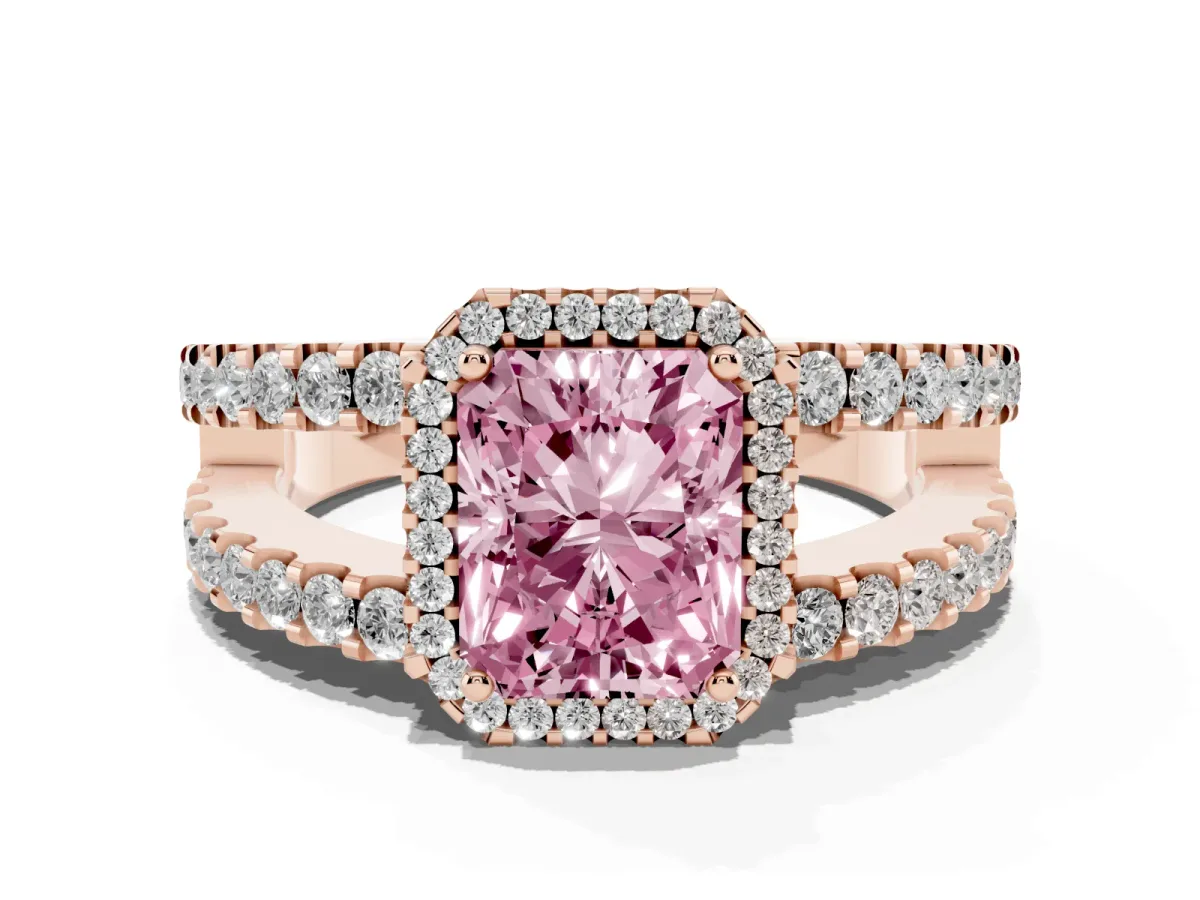 Fancy Pink Radiant Cut Cut Halo Split Shank Diamond Ring with Four-Prong Setting Rose gold