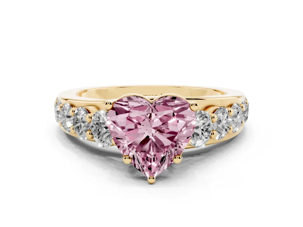 Fancy Pink Heart Cut Diamond Engagement Ring with Pavé Band and Four-Prong Setting Yellow gold