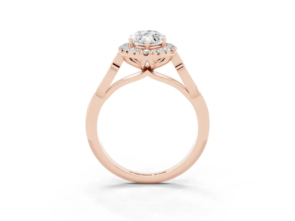 Marquise Cut Halo Diamond Engagement Ring with Filigree Band and Four-Prong Setting Rose gold