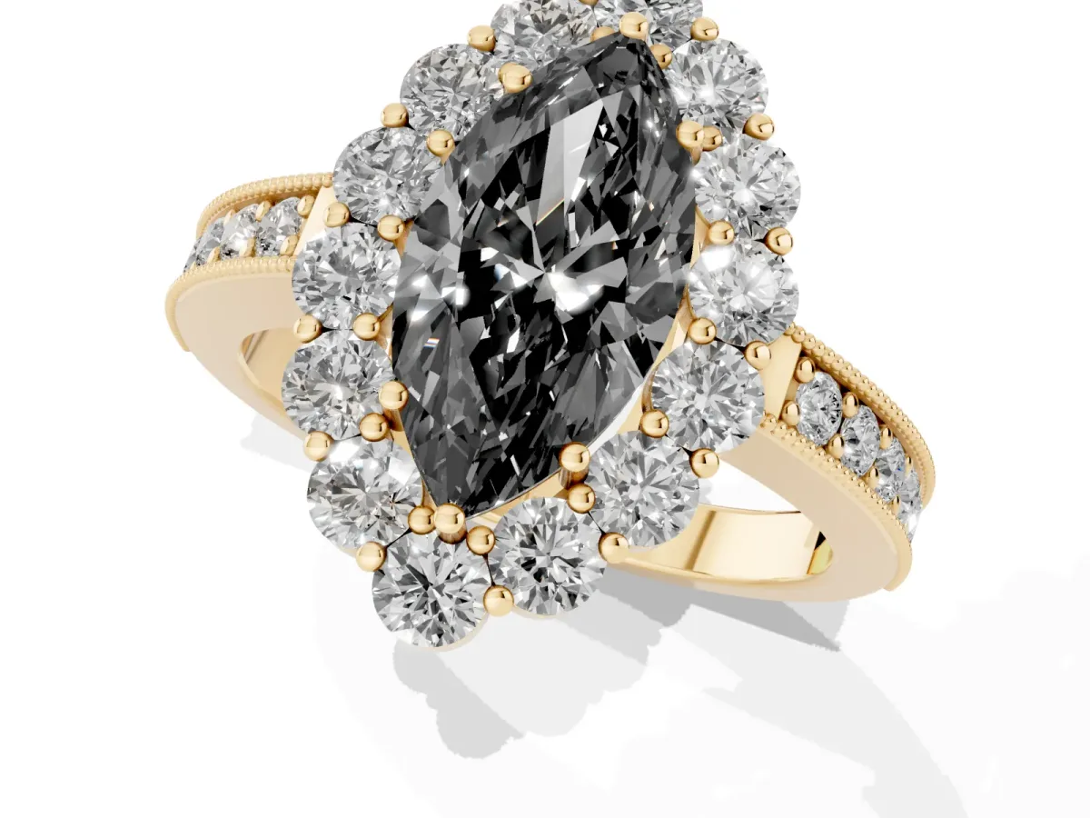 Fancy Black Marquise Cut Cut Halo Diamond Pavé Engagement Ring with Milgrain Detailing Yellow gold