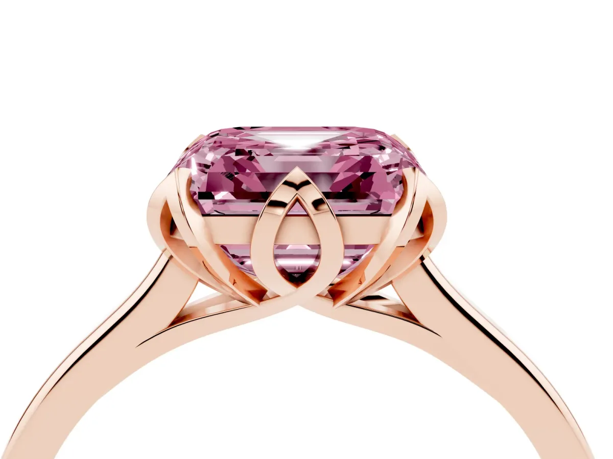 Fancy Pink Asscher Cut Diamond Solitaire Ring with Flower Prong Setting and Classic Band Rose gold