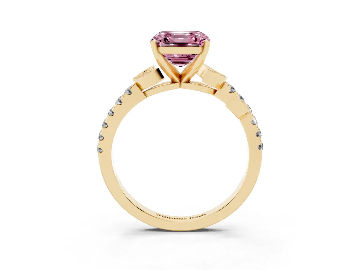 Fancy Pink Asscher Cut Solitaire Leaf-Inspired Diamond Ring with Pavé Band and Four-Prong Setting Yellow gold