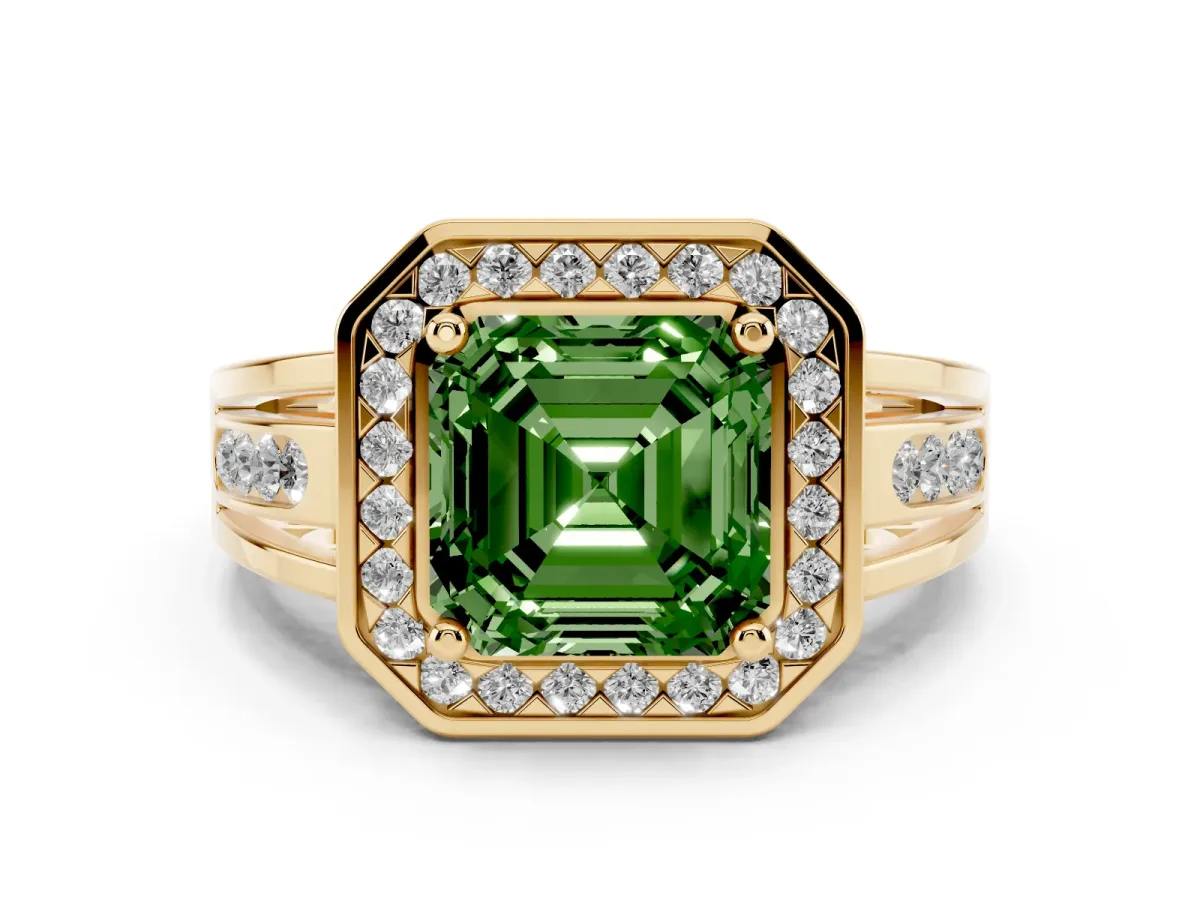Fancy Green Asscher Cut Diamond Halo Ring with Split Shank and Bezel Accents and Prong Setting Yellow gold