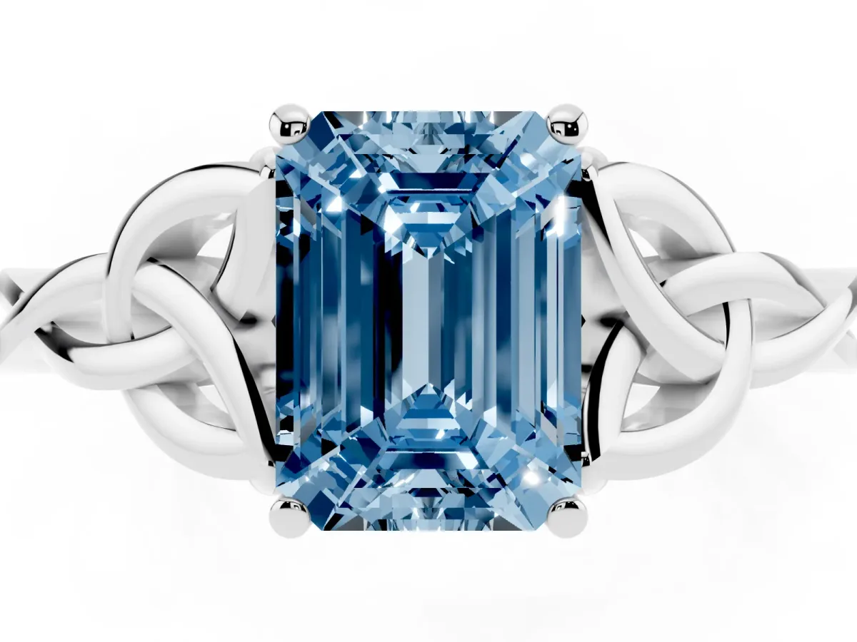 Fancy Blue Emerald Cut Diamond Solitaire Engagement Ring with Celtic Knot Band and Four-Prong Setting Platinum