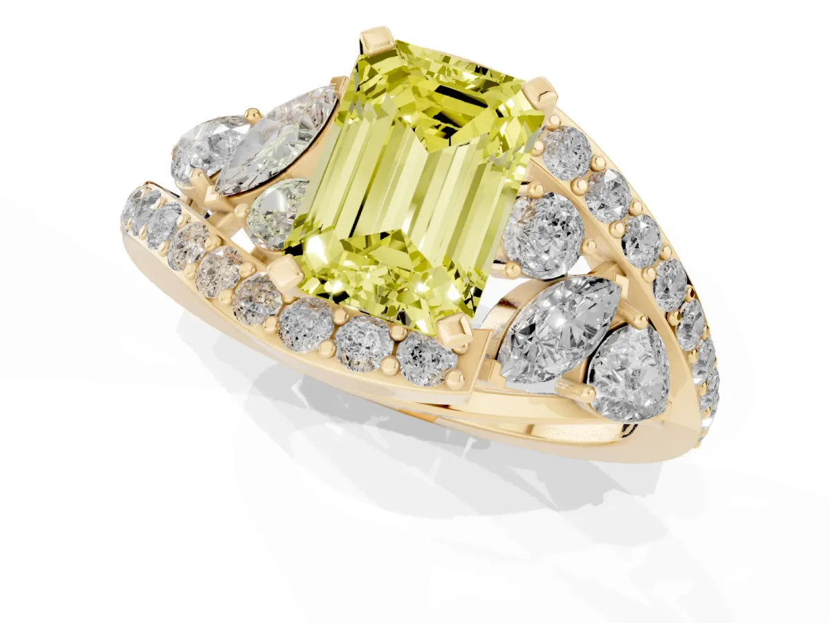 Fancy Yellow Emerald Cut Diamond Halo Ring with Marquise and Pavé Band in Prong Setting Yellow gold