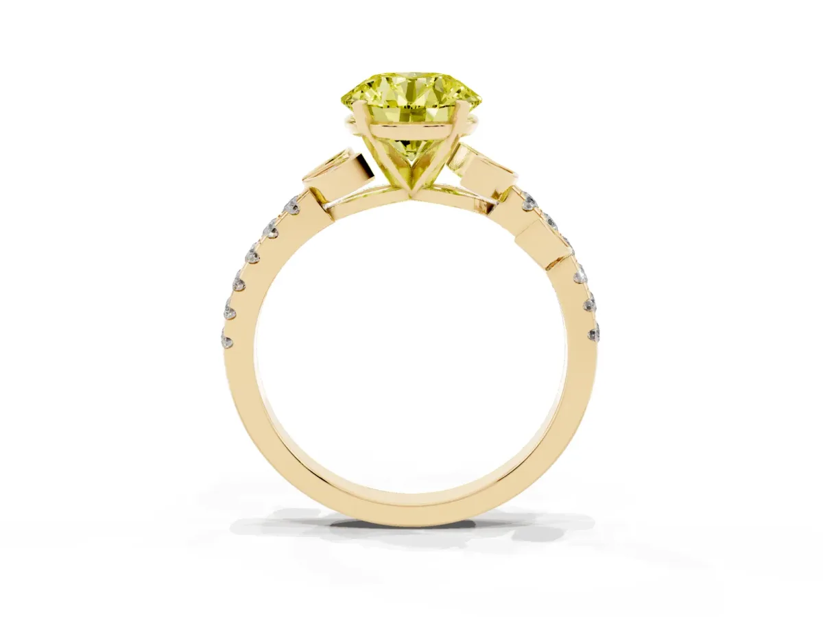 Fancy Yellow Round Cut Solitaire Leaf-Inspired Diamond Ring with Pavé Band and Four-Prong Setting Yellow gold