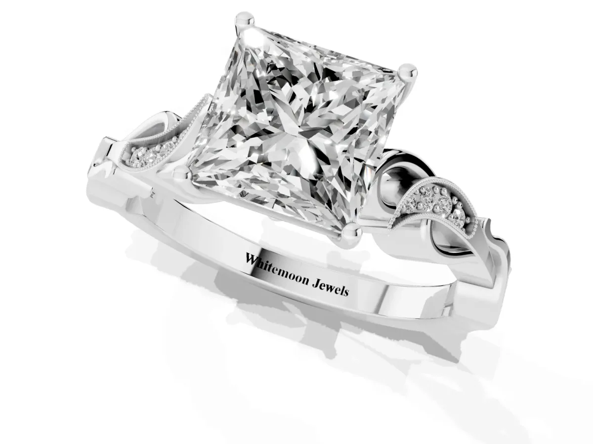 Princess Cut Solitaire Vine Band with Milgrain Prong Setting Platinum